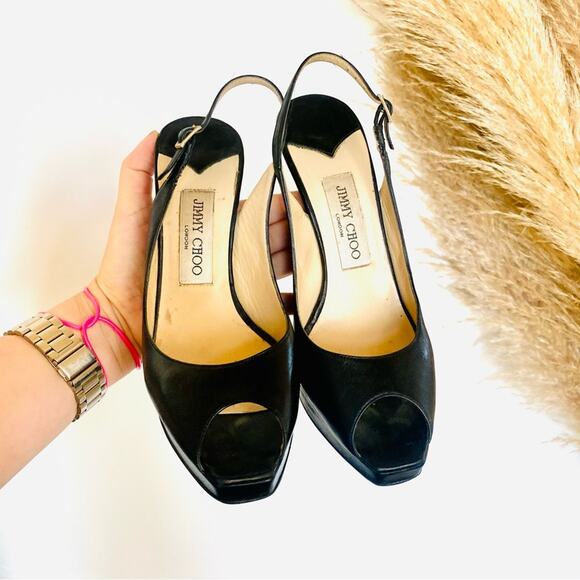JIMMY CHOO Classic Black Leather Open Peep Toe Heeled Slingback Sandals Shoes 38 - Picture 10 of 16